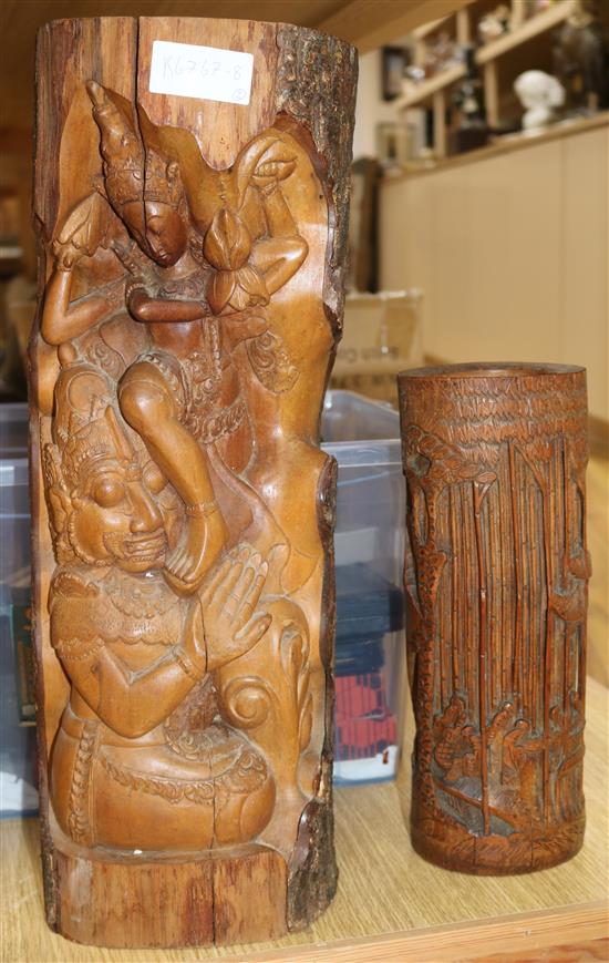 A Thai carving of a Buddha and a Chinese bamboo brush pot Brush pot H.31cm